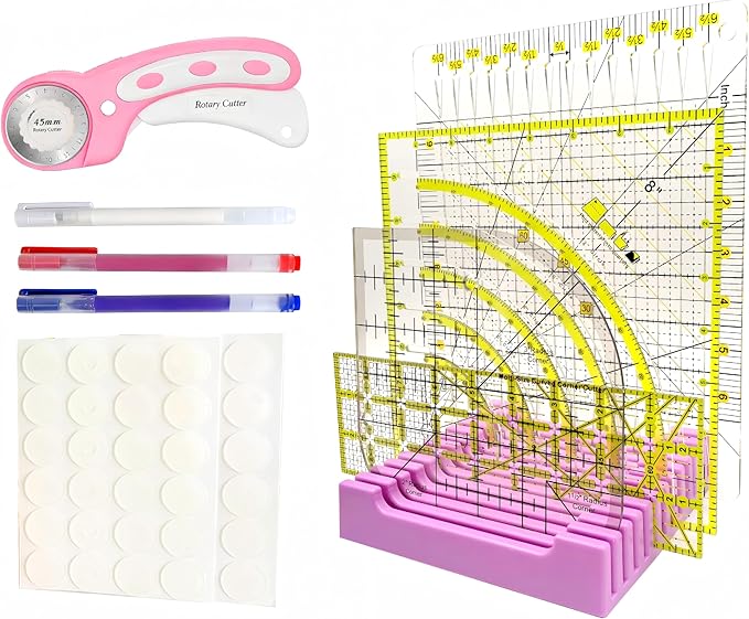Quilting KIT with Quilting Ruler Holder, Rotary Cutter, Curved Corner Cutter Quilting Ruler, Slotted Quilting Ruler, Arcs & Fans Quilt Circle Cutter Ruler,Non Slip Ruler Grip Rings, Heat Erasable Pens