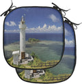 Lunarable Lighthouse Chair Cushion Pads Set of 2, Hiracbosaki Lighthouse Seaside Greenery Clouds Travel Destinations, Anti-Slip Seat Padding for Kitchen & Patio, 16"x16", Navy Blue Green White
