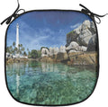 Lunarable Lighthouse Chair Cushion Pad, Lighthouse Clear Water Palm Trees Summer Sky Rocky Shoreline Seascape, Seat Padding for Kitchen & Patio with Anti-Slip Backing, 16"x16", Teal Blue Grey