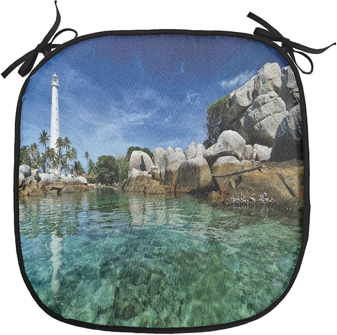 Lunarable Lighthouse Chair Cushion Pads Set 12, Lighthouse Clear Water Palm Trees Summer Sky Rocky Shoreline Seascape, Anti-Slip Seat Padding for Kitchen & Patio, 16"x16", Teal Blue Grey