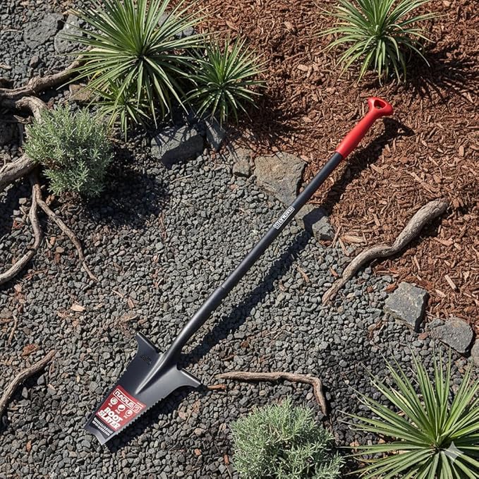 Root Slayer RS223 Nomad Mini Steel Garden Spade with Serrated Edge for Digging Soil and Roots, Compact Tool, Black