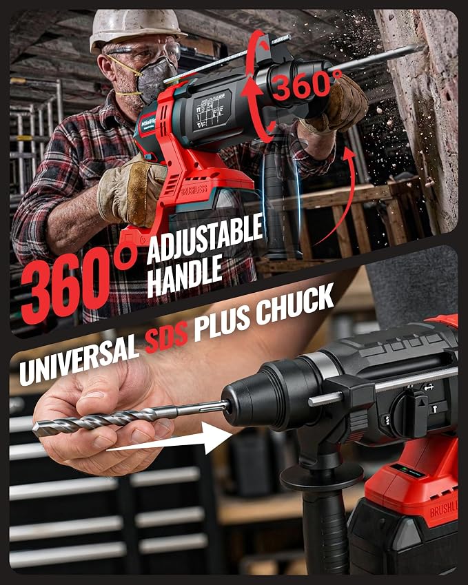 MtiolHig 1" SDS-Plus Cordless Rotary Hammer Drill Compatible with Milwaukee 18V Battery, 3J Impact Energy Brushless Motor, 7-Speed Variable 4-Mode with 5 Chisel/Bit Set for Concrete/Masonry, Tool Only