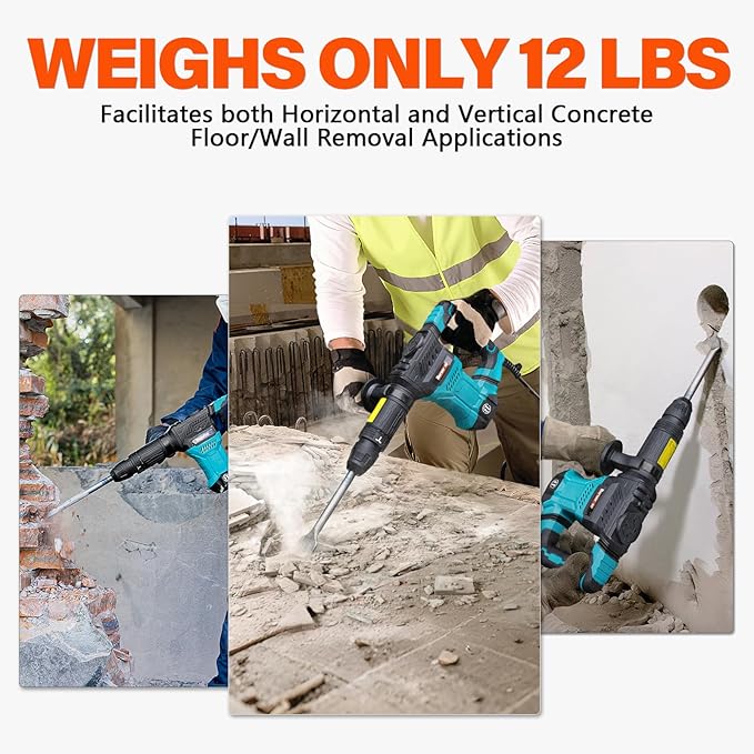 Berserker 1300W 12-Pound SDS-Max Demolition Jack Hammer 45HMC,11-Amp Corded | Small Lightweight Electric Concrete Breaker for Tile Removal with Vibration Control,Trigger Lock,Carrying Case & 3 Chisels