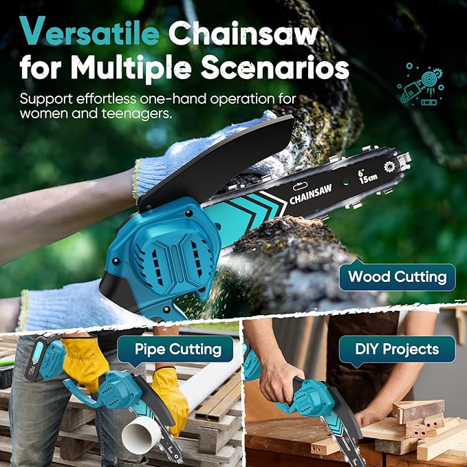 Mini Chainsaw- 6 Inch Electric Mini Chain Saw Cordless Battery Powered One-Hand Tree Trimming Saw with 2 Batteries, Portable Gardening Gadgets for Men, Unique Birthday Gifts (Blue)
