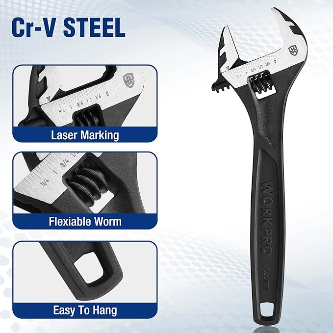 WORKPRO 4-piece Adjustable Wrench Set, 6-inch, 8-inch, 10-inch, 12-inch, Cr-V Steel, Corrosion-Resistant Black Oxide Finish for Automotive Plumbing and Household Repairs