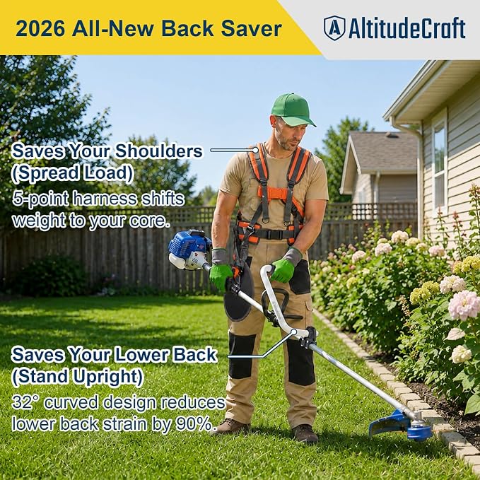 2-in-1 Weed Eater Kit for Tired Back & Shoulders, Patented Weed Eater Handle Extension + Padded Weed Eater Strap Harness, Universal Fit for String Trimmer, Weed Wacker & Brush Cutter