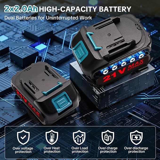 Cordless Electric Rivet Gun Tool, 21V Brushless Power Rivet Gun Kit with 2×2.0Ah Batteries & Charger, Automatic Pop Rivet Gun for 1/8", 5/32", 3/16" Rivets, Ideal for Auto Repair, Construction & DIY