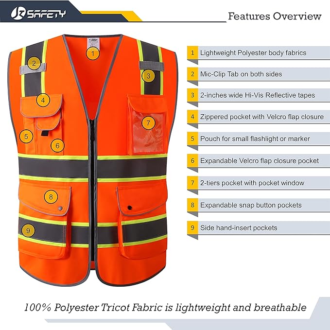 JKSafety 9 Pockets High Visibility Zipper Front Safety Vest | Orange with Dual Tone High Reflective Strips | Meets ANSI/ISEA Standards (901-Orange, Large)