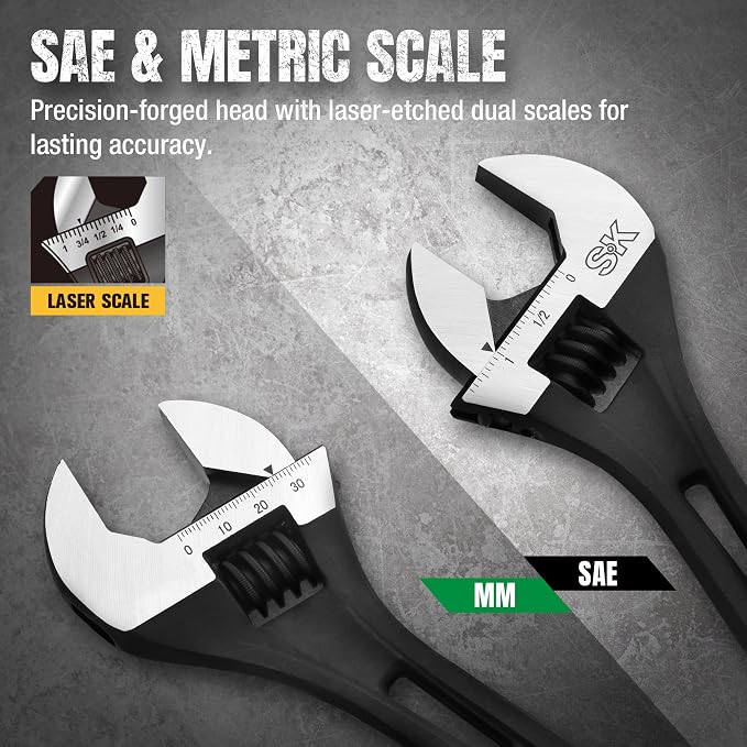 SK 10-Inch Adjustable Wrench, 2.6X ANSI Strength, Black Phosphate Finish | Heavy Duty High-Torque, 1.3'' Jaw Capacity, Premium Cr-V Steel, SAE & Metric Scale