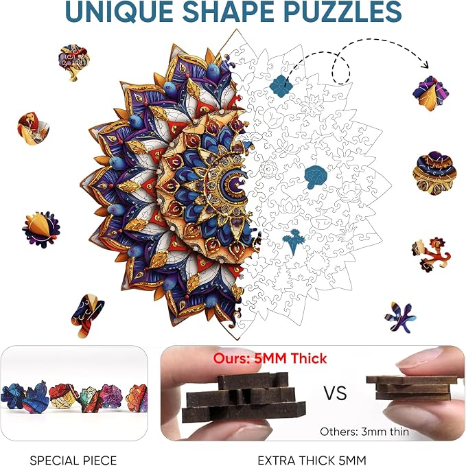 Delobil Puzzles for Adults 500 Pieces, 5MM Thick Mandala Flower Wooden Puzzles, Geometric Art Gold Round Jigsaw Puzzles for Adults and Kids, Family Game Gift Puzzle, 16.9 x 16.8 Inches
