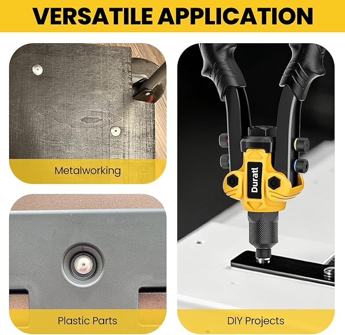 Rivet Gun, 1/4 Pop Rivet Gun Kit with 200 Blind Rivets, 5 Interchangeable Rivet Heads (3/32", 1/8", 5/32", 3/16", 1/4"), Heavy Duty Hand Riveter Tool for Metal, Gutter & Automotive