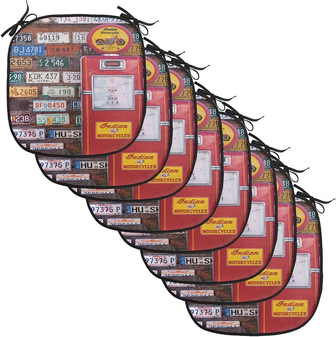 Lunarable Americana Chair Cushion Pads Set of 8, Various Old American License Plates Behind Antique Gas Pump in Rural Utah, Anti-Slip Seat Padding for Kitchen & Patio, 16"x16", Red Multicolor