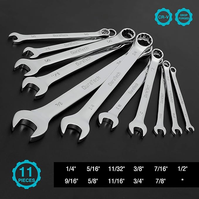 DURATECH Combination Wrench Set, SAE, 11-Piece, 1/4'' to 7/8'' | 12-Point, CR-V Steel, Organized in Wrench Holder