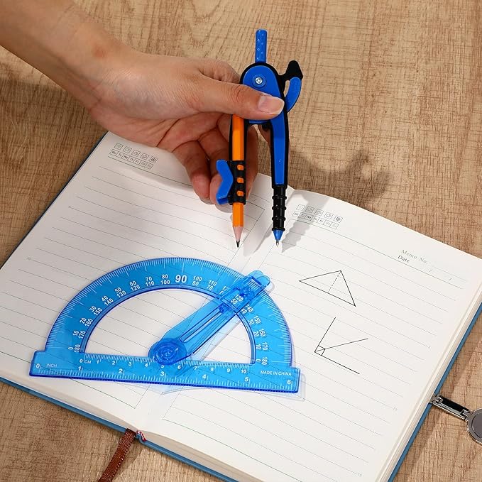 Zonon Student Protractor and Compass Set, Student Geometry Math Set Drawing Compass and 180 Degree 6 Inch Protractor with Swing Arm for Drawing Measuring School Office(Blue)