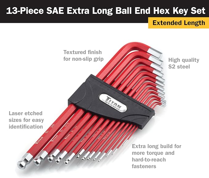 Titan 12764 22-Piece SAE and Metric Hex Key Set | Includes 3/64-3/8 SAE & 1.5-10mm Metric Keys in Plastic Organizers with Size Markings, Extra-Long Arm