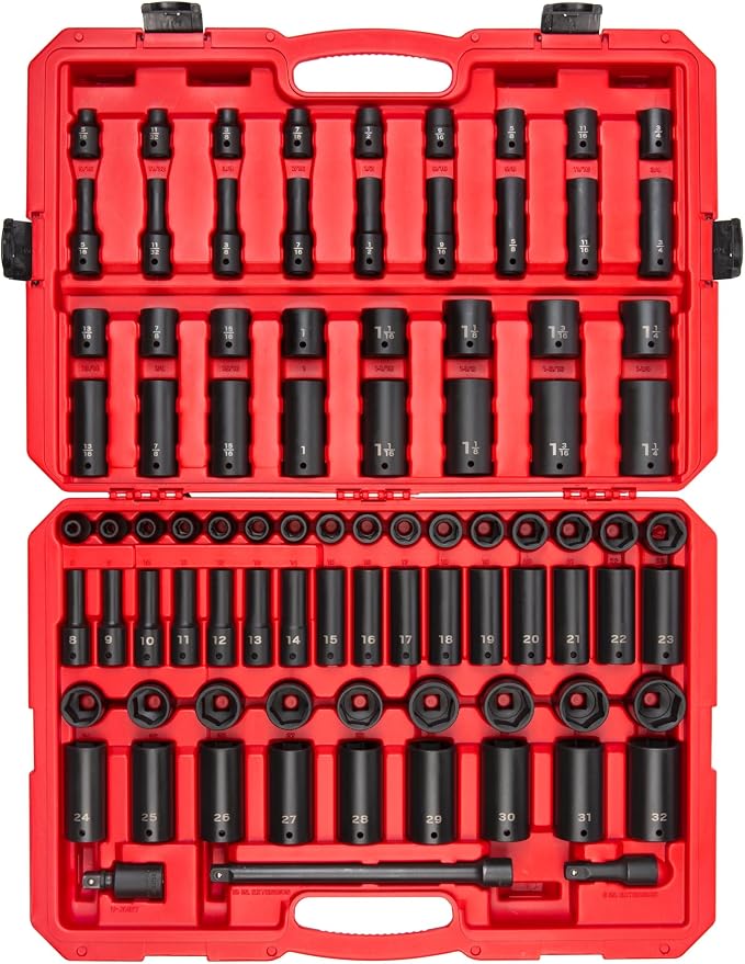 TEKTON 1/2 Inch Impact Socket Set, 87-Piece | SID92407 | (5/16 - 1-1/4 in., 8 - 32 mm), Shallow and Deep, 6-Point, Case