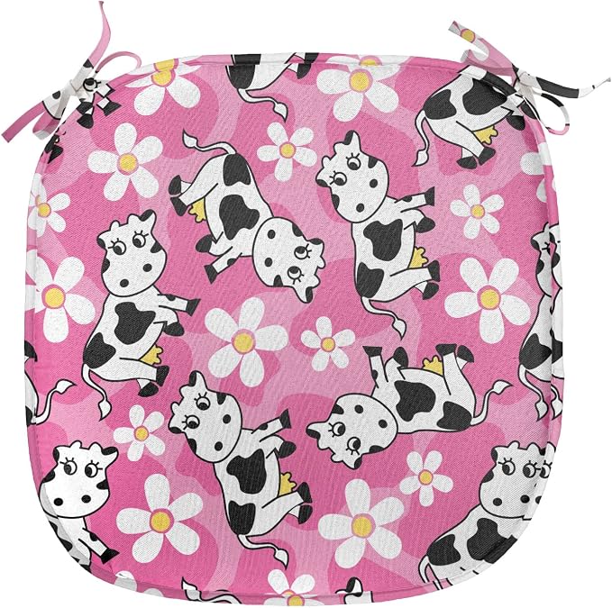Lunarable Cow Chair Seating Cushion Set of 12, Cartoon Pattern Domestic Farm Animal and Daisy Flowers, Anti-Slip Seat Padding for Kitchen & Patio, 16"x16", Pink Charcoal Grey
