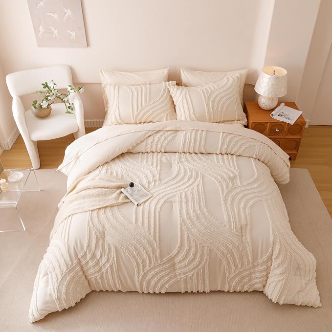 Nttopship Beige Twin Comforter Set - 7 Pieces Bed in a Bag, Premium Comforters Twin Size Bed Set Tufted Shabby Chic Bedding Comforter Set with Flat Sheet, Fitted Sheet and Pillowcases,Beige