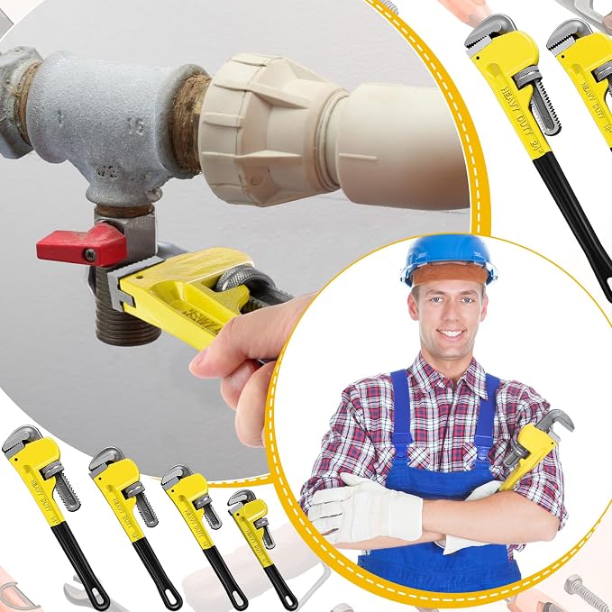 6 Piece Heavy Duty Pipe Wrench Set - 8", 10", 12", 14", 18", 24", Adjustable Chrome Vanadium Steel Plumbing Wrench Set with Soft Handle & Gloves for Plumbers, Pipeline, Auto Repair(Yellow)