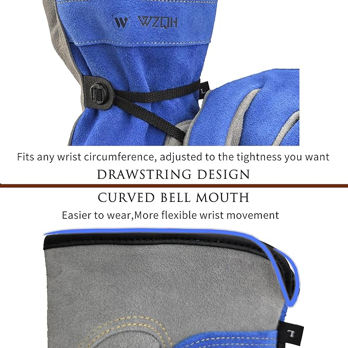 WZQH Leather Work Gloves for Men or Women. Medium Glove for Gardening, Tig/Mig Welding, Construction, Chainsaw, Farm, Ranch, etc. Cowhide, Cotton Lined, Utility, Firm Grip, Durable. Blue-Grey M