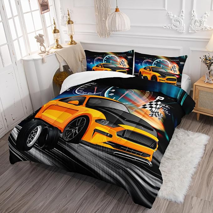 Axolotl Race Car Bedding Set King Size,Boys Extreme Sports Comforter for Kids Teens,Yellow Car Racing Bedding,Cool Speed Duvet,Sports Theme Quilt Set with 1 Comforter and 2 Pillowcases