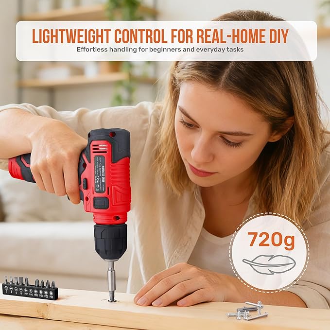 Hi-Spec 8V USB Power Drill Driver Screw Drill Bit Set. Cordless & Rechargeable Electric Drill Driver with Wall Hanging Kit,Red