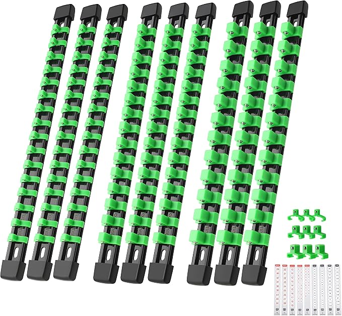 Reniteco 9-Pack Socket Organizer Set, 1/4" x 48 3/8" x 45 1/2" x 36 Clips | 129 Clip Capacity, Havy-Duty ABS Socket Rails, Removable Clips, Drive Socket Storage, Toolbox Drawer or Wall Mount