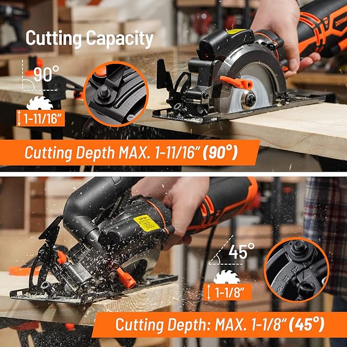 DOVAMAN Circular Saw, 5.8A 4-1/2" Circular Saw w/Laser, Metal Auxiliary Handle, 6 Blades (4½", 4¾"), Cutting Depth 1-11/16" (90°), 1-3/8" (45°), Ideal for Wood, Soft Metal, Plastic, Tile - MCS01A