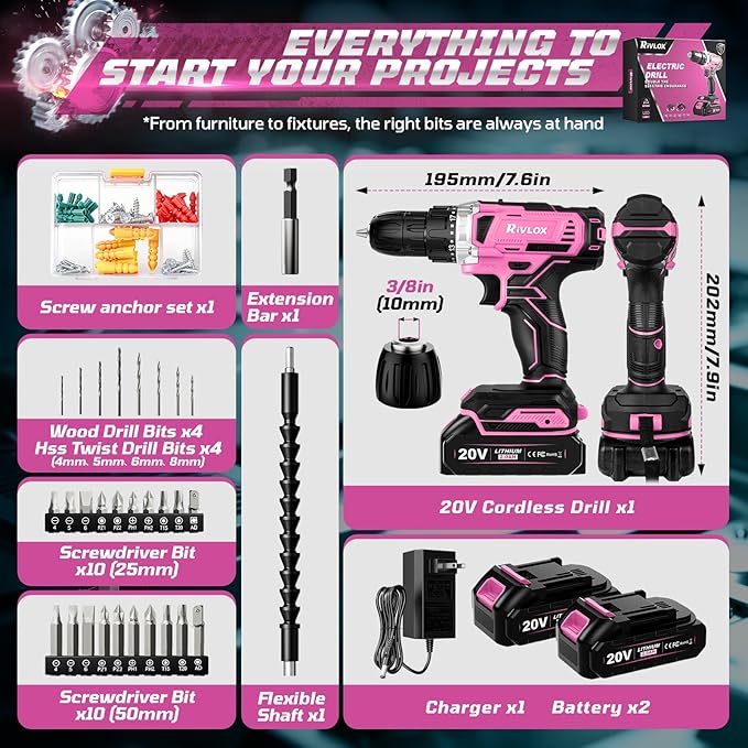 20V Cordless Drill Set,Electric Power Drill Cordless,Power Drill Drivers,Electric Screwdriver - 2.0Ah Batteries, 30Nm，21+1 Torque,2 Speed,34pcs Acessories,Built-in LED,Kit for Home,Pink