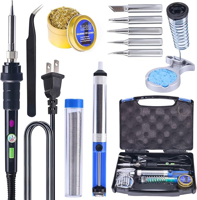 YIHUA 947-III 60W Soldering Iron Kit Adjustable Temperature with Sticky Holder, Tip Cleaner, Cleaning Sponge Power Switch, Operation Indicator, Portable Soldering Kit