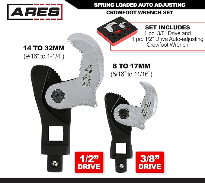 ARES 33008 2-Pc Auto Adjusting Crowfoot Wrench Set - 8-32mm Coverage | Spring-Loaded; Male & Female Square Drives for Increased Versatility