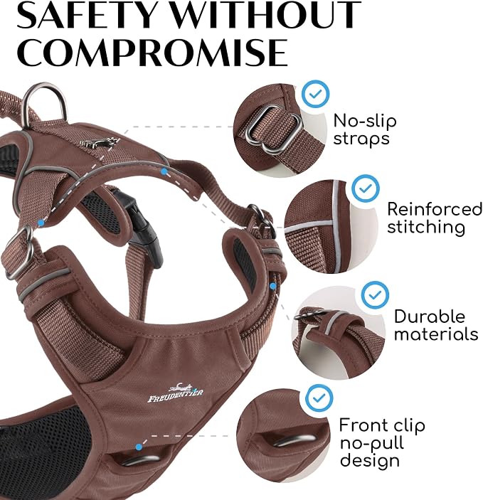 Freudentier No Pull Dog Harness with Handle, Front & Back Clips, Reflective | Soft breathable mesh padding - perfect fit with no chafing or slipping - comfortable dog vest for small, medium & large dogs