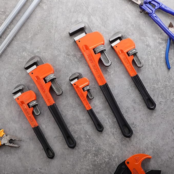 5 Piece Heavy Duty Pipe Wrench Set - 8", 10", 12", 14", 18", Adjustable Chrome Vanadium Steel Plumbing Wrench Set with Soft Handle & Gloves for Plumbers, Pipeline, Auto Repair
