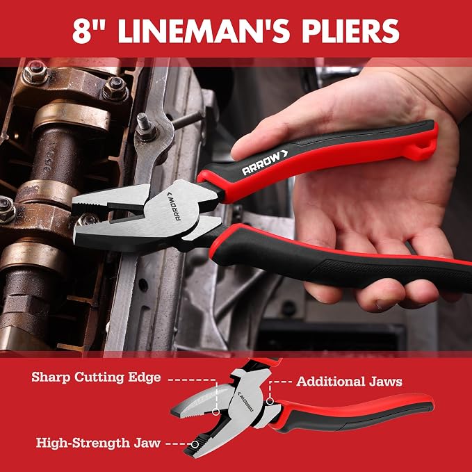 ARROW 6PCS Pliers Set, Carbon Steel Pliers Kit with Storage Pouch | 8" Long Nose, Diagonal Cutting, Linesman, Slip Joint, 8" & 10" Groove Joint, Non-Slip Handle, DIY, Home Repair & Maintenance