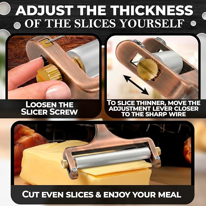 Handheld Wire Cheese Slicer with Adjustable Thickness - Stainless Steel Cheese Slicer with 2 Replacement Wires for Thick & Thin Portion Slices - Suitable for Mozzarella, Cheddar, Gruyere, Raclette