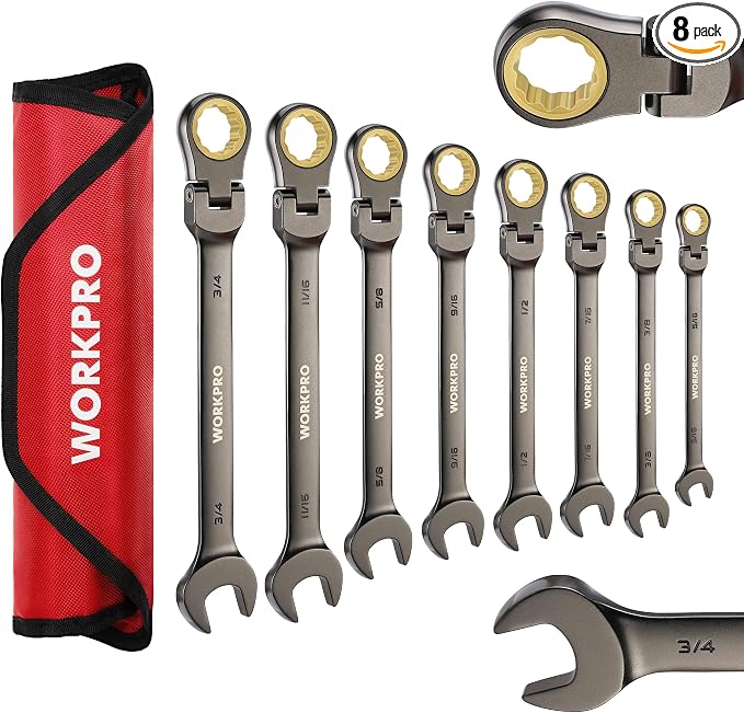 WORKPRO 8-piece Ratcheting Combination Wrench Set, SAE & Nickel Plating | SAE 5/16-3/4 in, 180° Flex-Head, 72-Teeth Cr-V Steel, Combination Wrench Set with Organizer Bag for Auto Repair & Home DIY