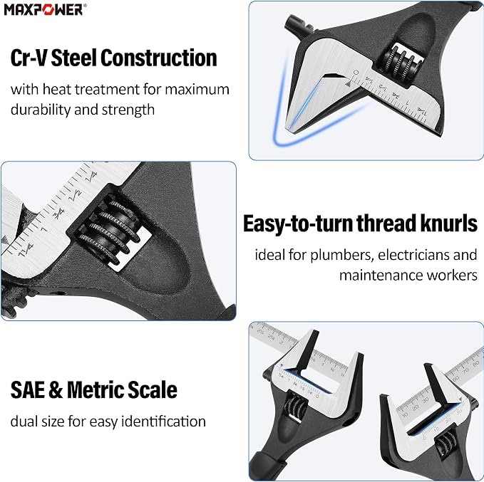 MAXPOWER 8-inch Wide Jaw Adjustable Wrench, 1.6" Jaw Opening, Soft Grips | Stubby Plumbing Wrench, Cr-V Steel, Smooth Jaws