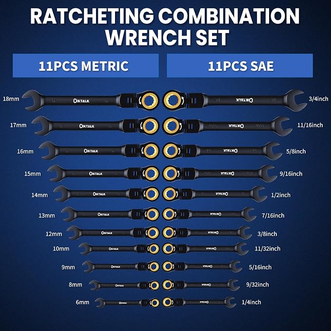 22-Piece Ratcheting Wrench Set with 180° Flex Head & Anti-Slip Design, Metric (6-18mm) and SAE (1/4-3/4") Combination Wrench Set, Professional Grade Chrome Vanadium Steel with Organizer Box