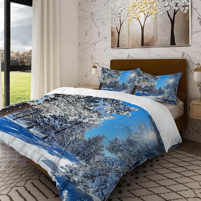 Batmerry Winter Snow-Covered Scene King Size 100% Cotton Duvet Cover Sets, Sunny Day Pine Trees Bedding Set with Zipper Closure Corner Ties, 3 Pieces (1 Cover + 2 Pillowcases No Comforter)