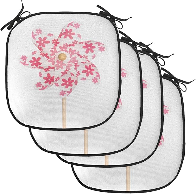 Lunarable Pinwheel Chair Cushion Pads Set of 4, Pinwheel Paper Power Wood Cheering Color Pin Freedom Happiness Family Time, Anti-Slip Seat Padding for Kitchen & Patio, 16"x16", White Coral Rose