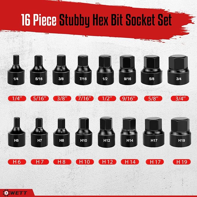WETT 3/8-Inch Drive Low Profile Impact Hex Driver Set, 16-Piece Stubby Hex Bit Socket Set, CR-V Steel, SAE/Metric, (1/4" - 3/4", 6-19mm)