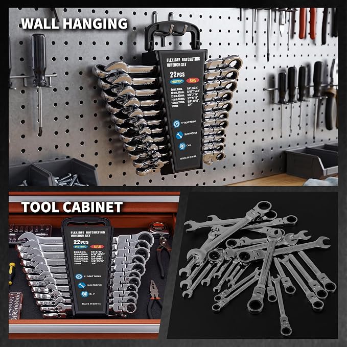 Garvee 22 Piece Ratcheting Combination SAE & Metric Wrench Set | Metric 8-18mm & SAE 1/4"-3/4" Arc CR-V Steel 72-Tooth 5° Swing | for Automotive Repair & Home Maintenance