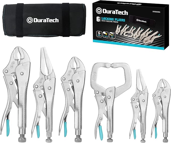 DURATECH 6-Piece Locking Pliers Set, CR-V Steel Vice Grip Pliers, Long Nose, Curved Jaw & C-Clamp, Fast Release, 5" 6" 7" 10" 6-1/2" 9-1/2", with Oxford Roll-Up Pouch