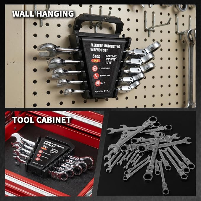 Garvee 5 Piece SAE Ratcheting Wrench Set Combination Ratcheting Wrench Set | 72-Tooth 5° Swing Arc 40Cr Steel, SAE 5/16" to 11/16" Coverage for Automotive Repair, Mechanical Maintenance & DIY Projects