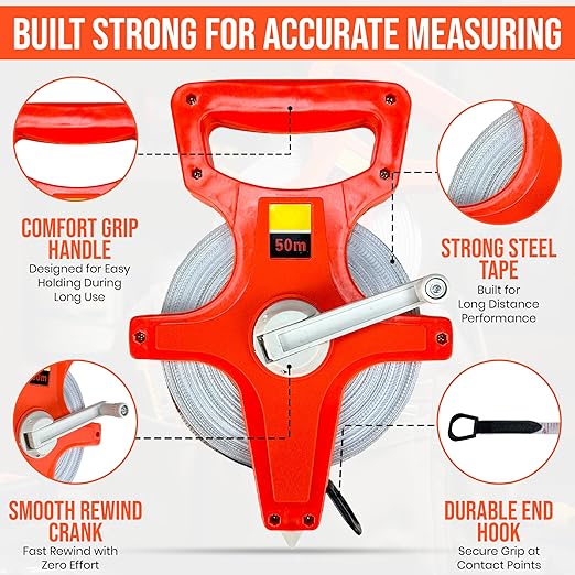 Harrier Hardware 55 Yard / 165 Foot Long Open Reel Tape Measure, Orange, SAE & Metric Scales, Durable for Construction Measuring Tape