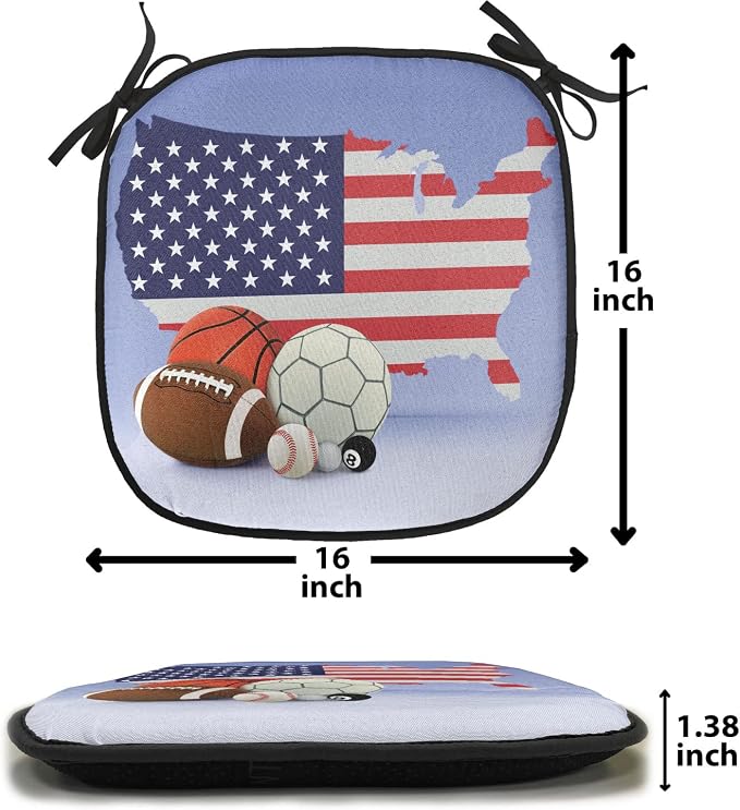 Lunarable Americana Chair Cushion Pads Set 12, American Map and Sport Balls Basketball Football Competition Matches, Anti-Slip Seat Padding for Kitchen & Patio, 16"x16", Purple Grey Multicolor