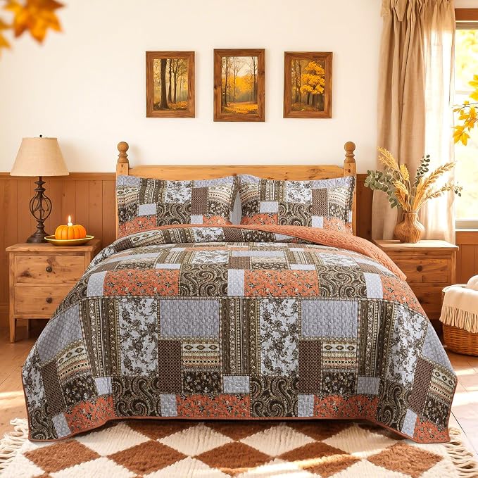 BEDIFANY Cotton Quilts King Size for Farmhouse- Fall Patchwork Bedspread Set - Highly-Woven Soft Reversible King Size Bed Spread for All Seasons (Floral Orange) 3 Pieces