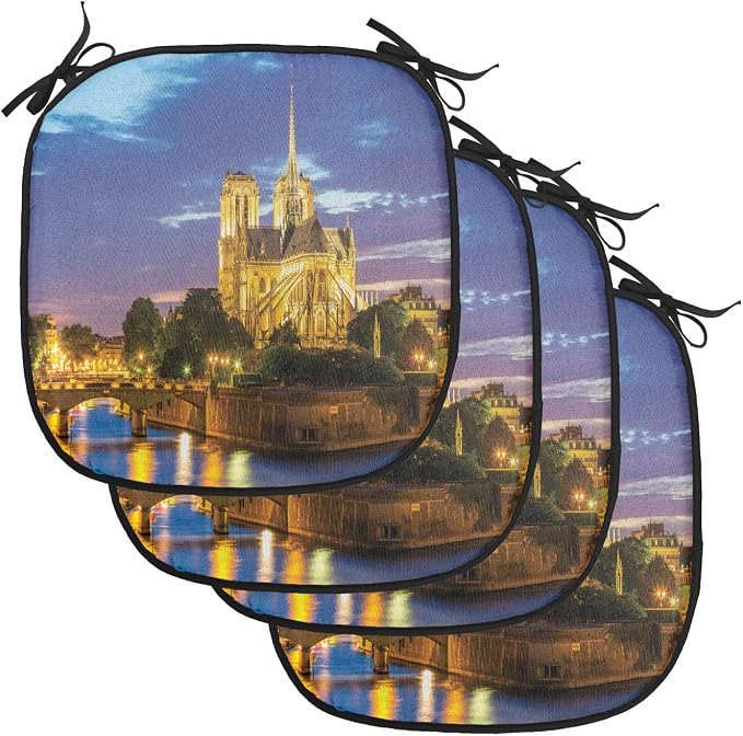 Lunarable Paris Chair Cushion Pads Set of 4, Notre Dame at Dusk Paris France Riverside Scenery Water Reflection, Anti-Slip Seat Padding for Kitchen & Patio, 16"x16", Yellow Brown Blue