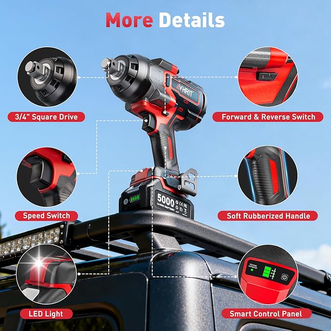 Cordless Impact Wrench 3/4", 2200Nm/1630Ft-lbs Electric Impact Gun with 2x5.0Ah Batteries, High Torque Brushless Impact Driver w/Socket Set & Adapter for Truck Mower Car Repair