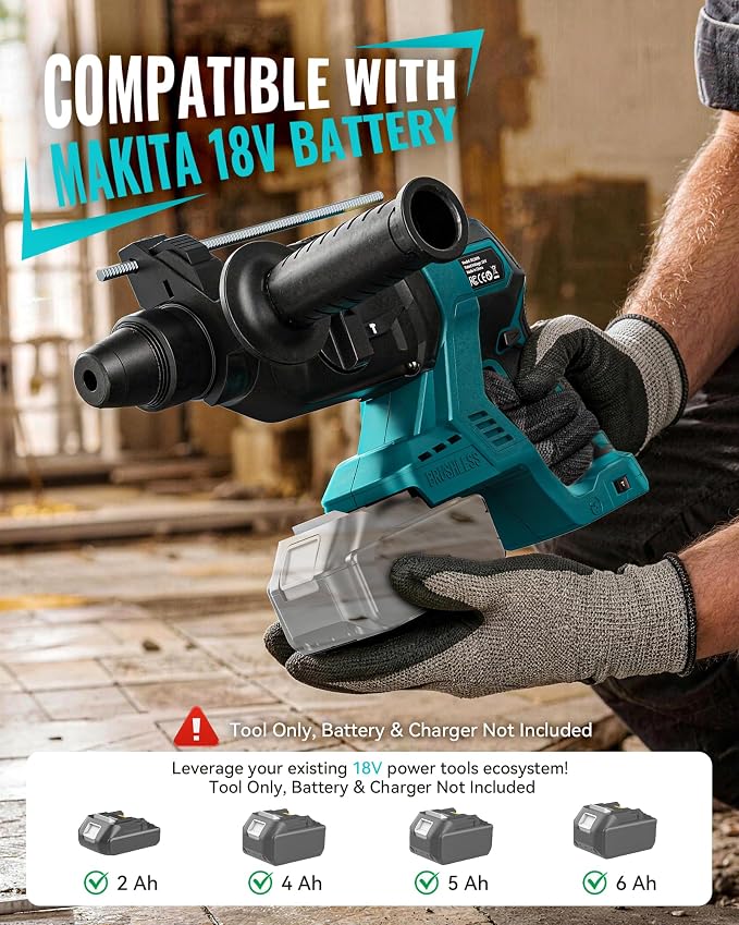MtiolHig 1" SDS-Plus Cordless Rotary Hammer Drill Compatible with M-akita 18V Battery, 3J Impact Energy Brushless Motor, 7-Speed Variable 4-Mode with 5 Chisel/Bit Set for Concrete/Masonry, Tool Only